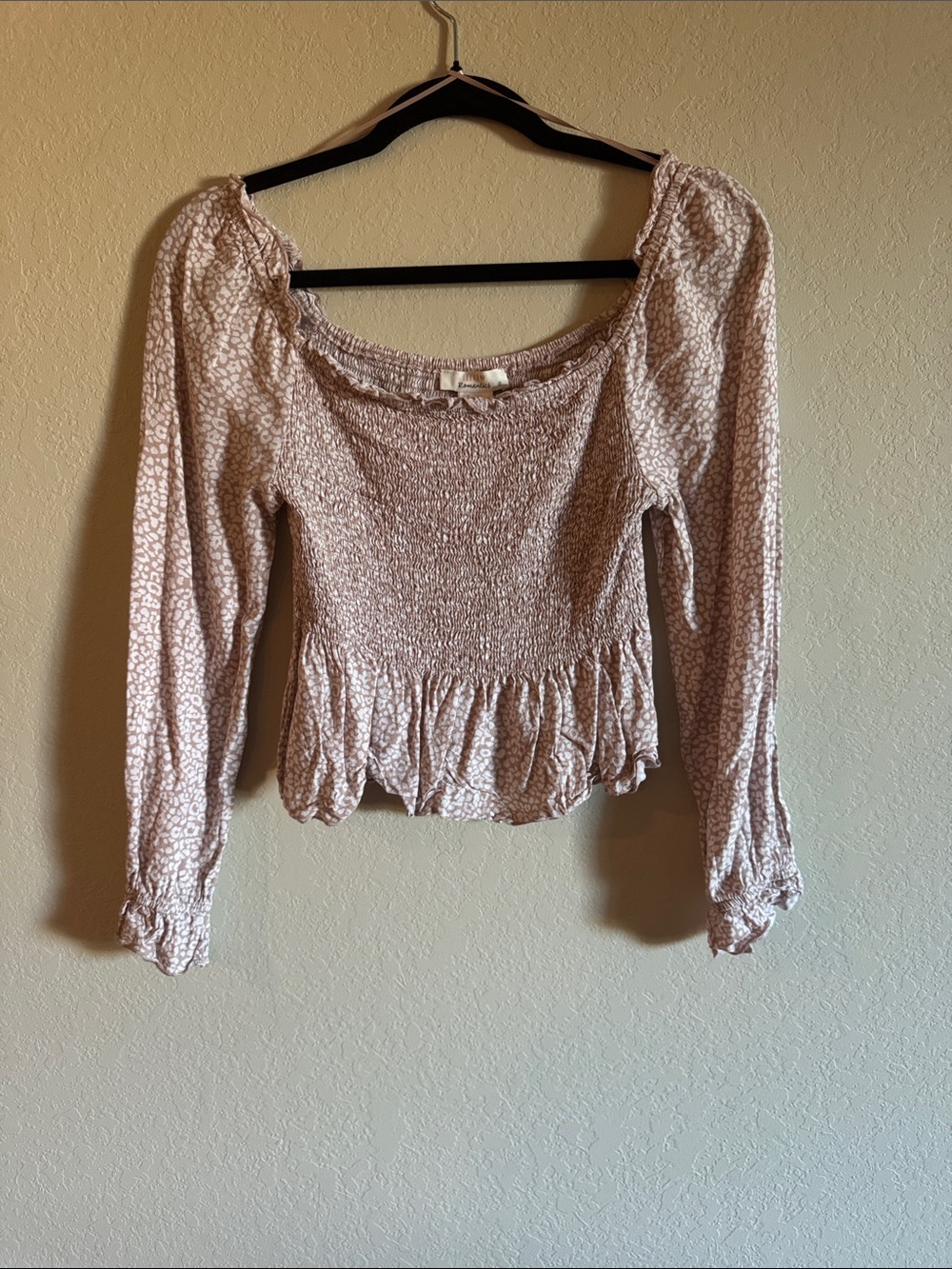 Smocked Long-Sleeve Peplum Top - Pale Pink